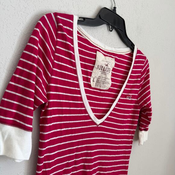 Y2K Hollister Pink White Stripe 1/2 Sleeve V-Neck Tee Womens L Vintage 2000s - Picture 2 of 6